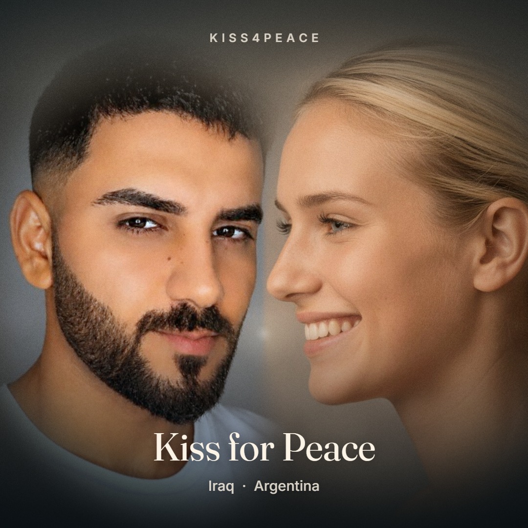 A kiss for peace from Iraq, with a launch sample portrait