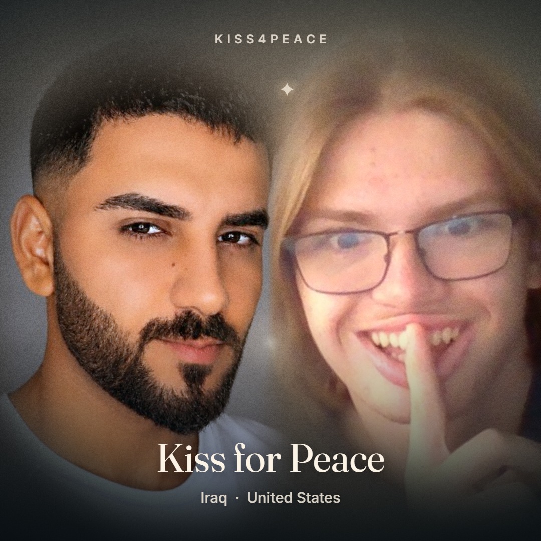 A kiss for peace between two strangers from United States and Iraq